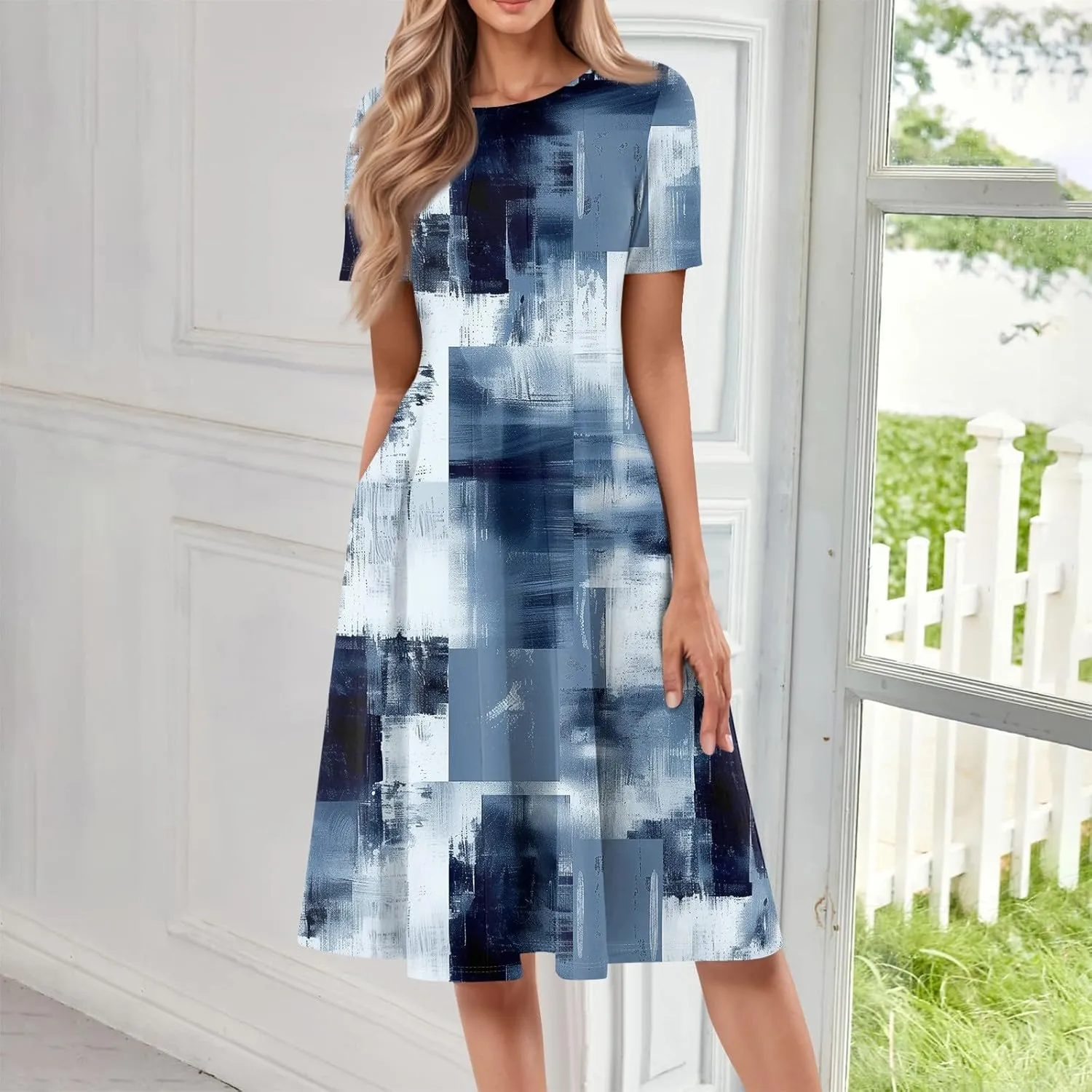 Summer Dresses for Women Beach Aline Midi Dresses Casual Flowy Tshirt Dress Floral Short Sleeve Dress with Pockets