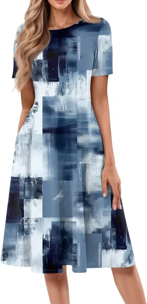 Summer Dresses for Women Beach Aline Midi Dresses Casual Flowy Tshirt Dress Floral Short Sleeve Dress with Pockets