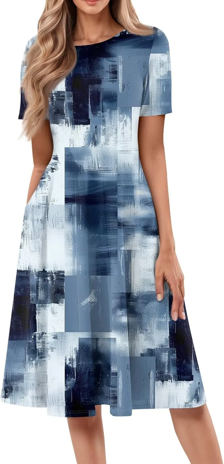 Summer Dresses for Women Beach Aline Midi Dresses Casual Flowy Tshirt Dress Floral Short Sleeve Dress with Pockets