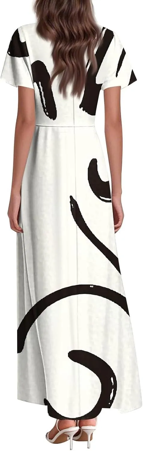 Summer Dresses for Women Floral A-Line Midi Dress Casual Short Sleeve V Neck Flowy Hawaiian Boho Beach Sundresses