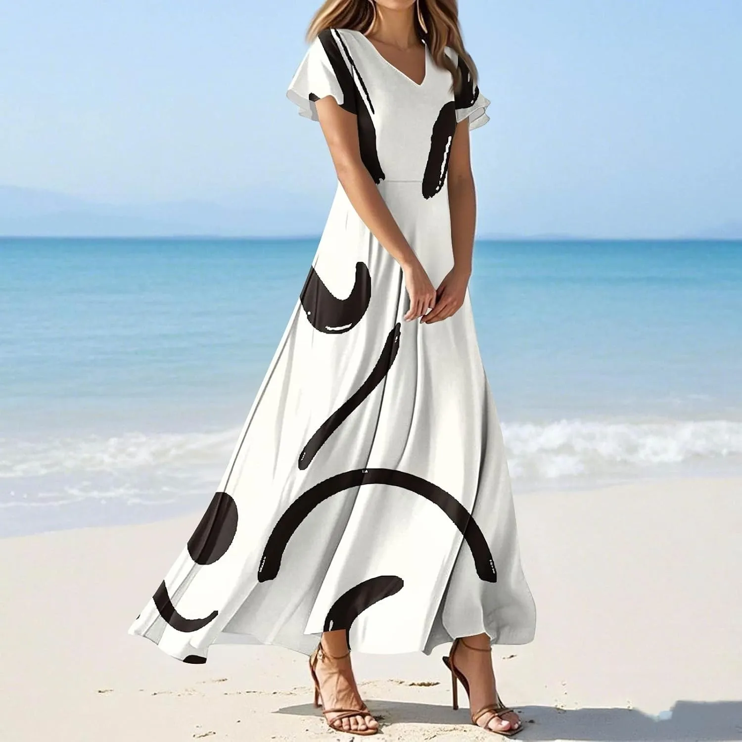 Summer Dresses for Women Floral A-Line Midi Dress Casual Short Sleeve V Neck Flowy Hawaiian Boho Beach Sundresses