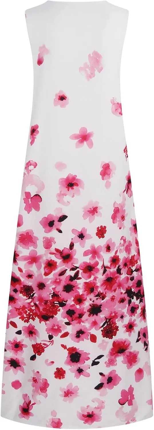 Summer Dresses for Women Trendy Sunflower Print Notch V Neck Maxi Dress Casual Sleeveless Beach Sundress with Pockets