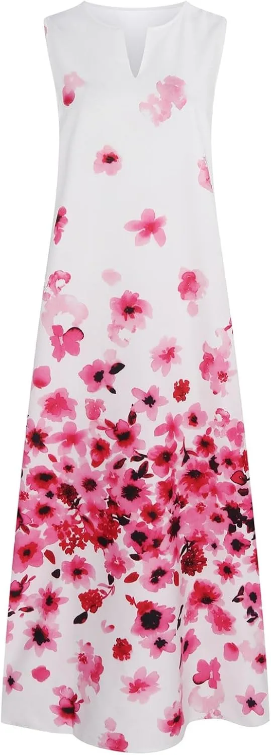 Summer Dresses for Women Trendy Sunflower Print Notch V Neck Maxi Dress Casual Sleeveless Beach Sundress with Pockets