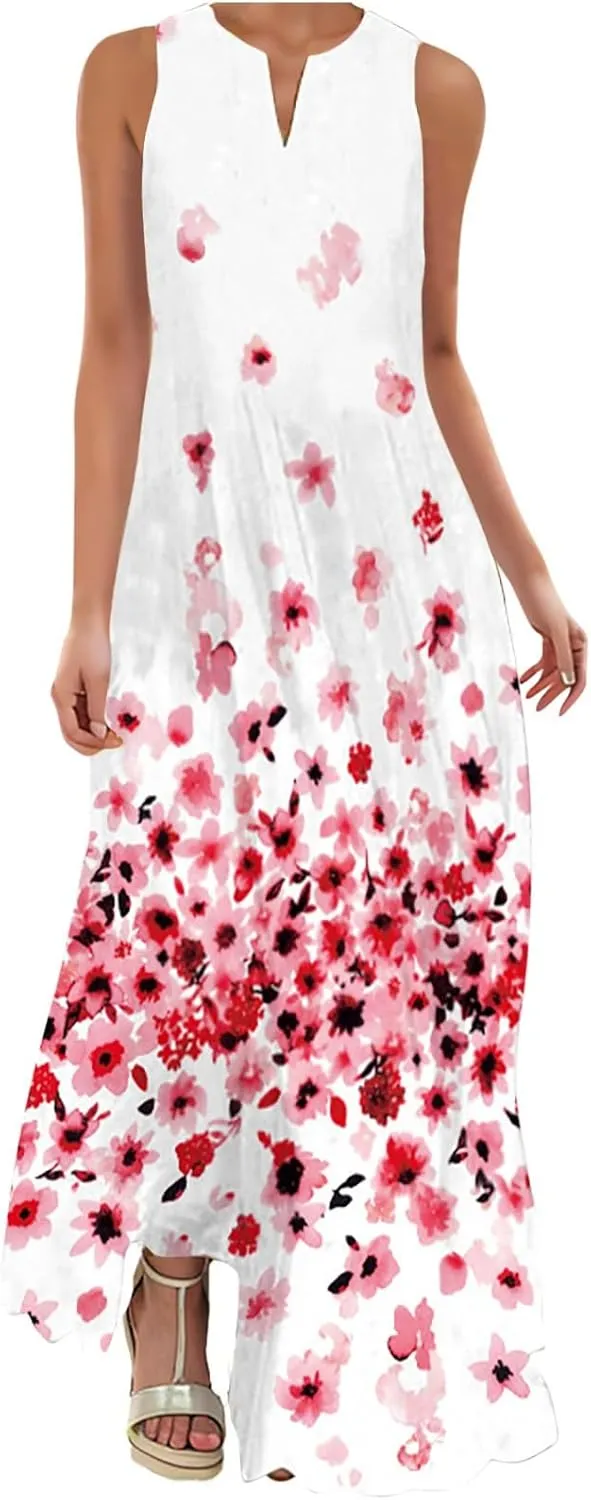 Summer Dresses for Women Trendy Sunflower Print Notch V Neck Maxi Dress Casual Sleeveless Beach Sundress with Pockets
