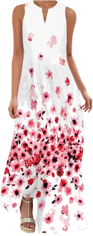 Summer Dresses for Women Trendy Sunflower Print Notch V Neck Maxi Dress Casual Sleeveless Beach Sundress with Pockets