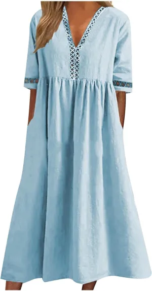 Summer Plus Size Cotton Linen Dress for Womens Loose Short Sleeve Midi Flowy Dresses Lace Edge Loose Ruffle Sundress