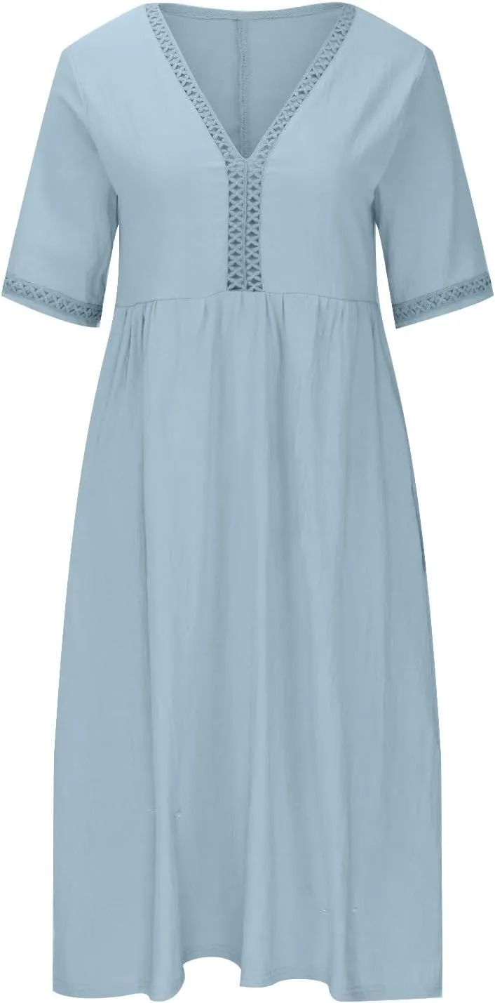 Summer Plus Size Cotton Linen Dress for Womens Loose Short Sleeve Midi Flowy Dresses Lace Edge Loose Ruffle Sundress