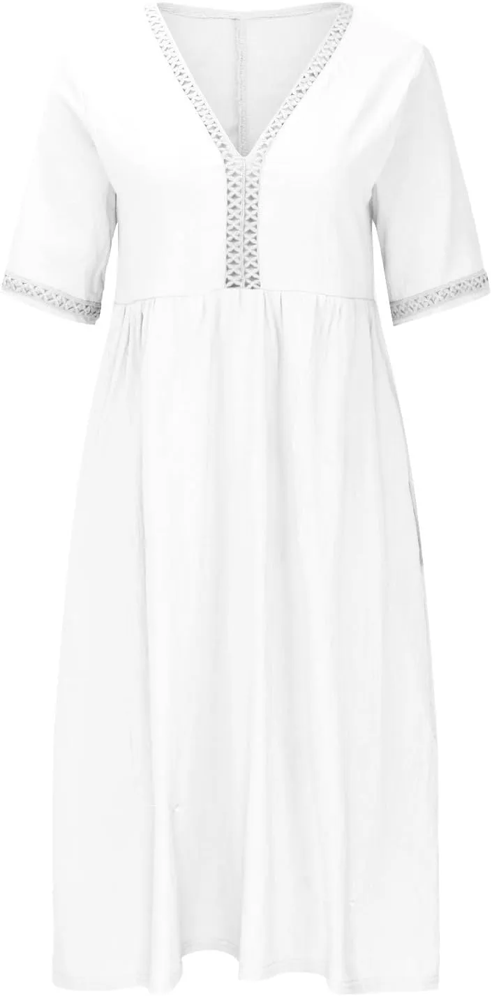 Summer Plus Size Cotton Linen Dress for Womens Loose Short Sleeve Midi Flowy Dresses Lace Edge Loose Ruffle Sundress