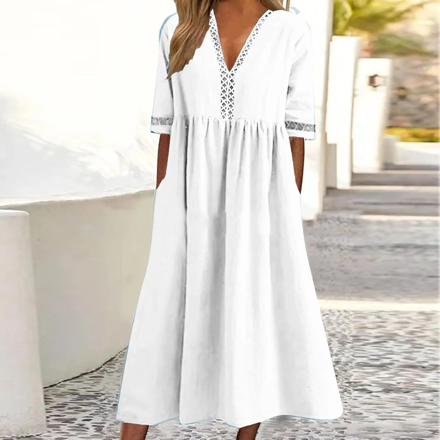 Summer Plus Size Cotton Linen Dress for Womens Loose Short Sleeve Midi Flowy Dresses Lace Edge Loose Ruffle Sundress