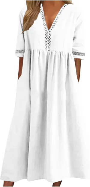 Summer Plus Size Cotton Linen Dress for Womens Loose Short Sleeve Midi Flowy Dresses Lace Edge Loose Ruffle Sundress