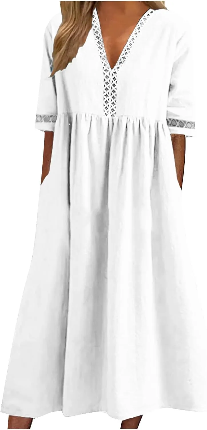 Summer Plus Size Cotton Linen Dress for Womens Loose Short Sleeve Midi Flowy Dresses Lace Edge Loose Ruffle Sundress
