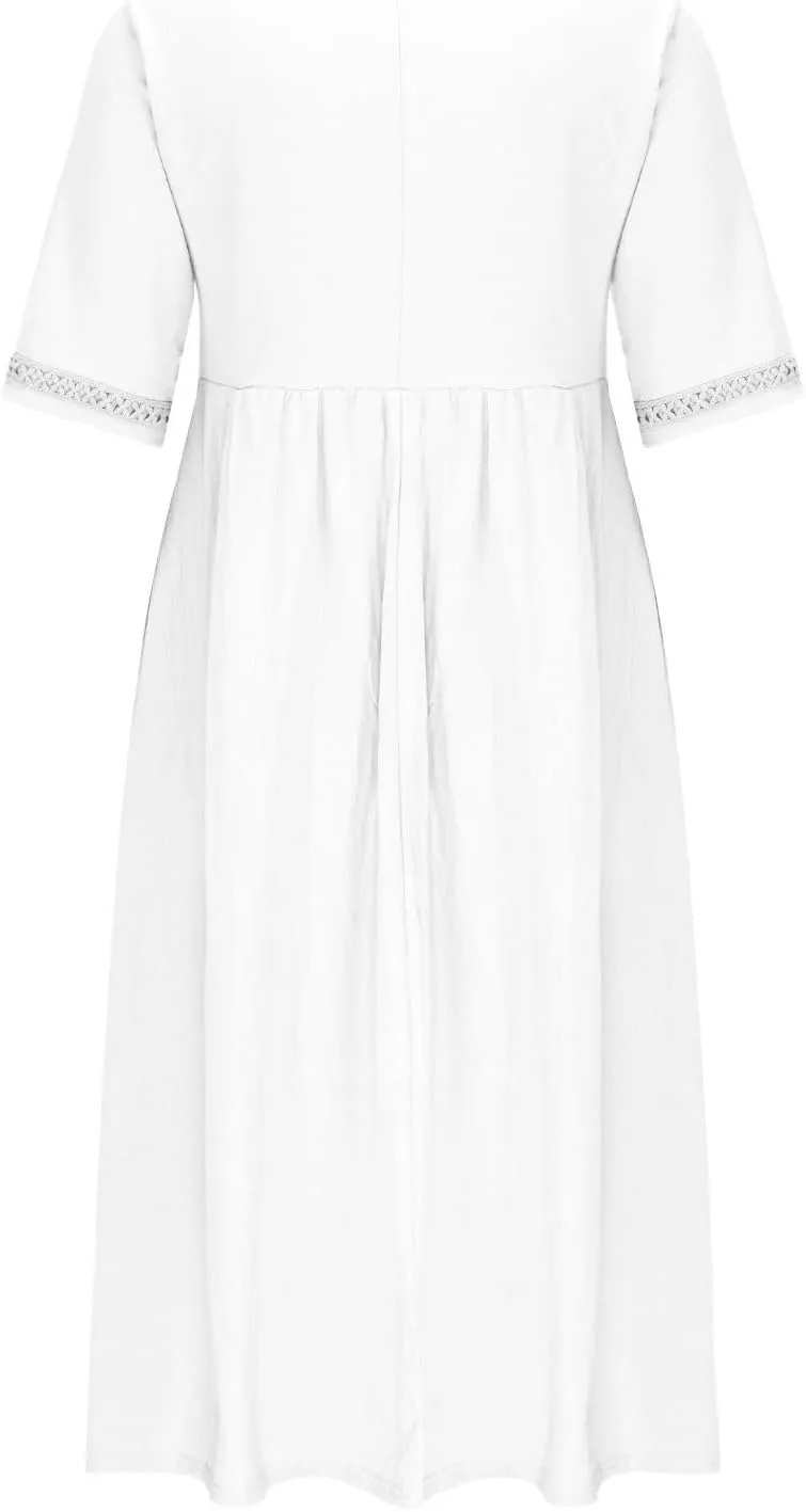 Summer Plus Size Cotton Linen Dress for Womens Loose Short Sleeve Midi Flowy Dresses Lace Edge Loose Ruffle Sundress