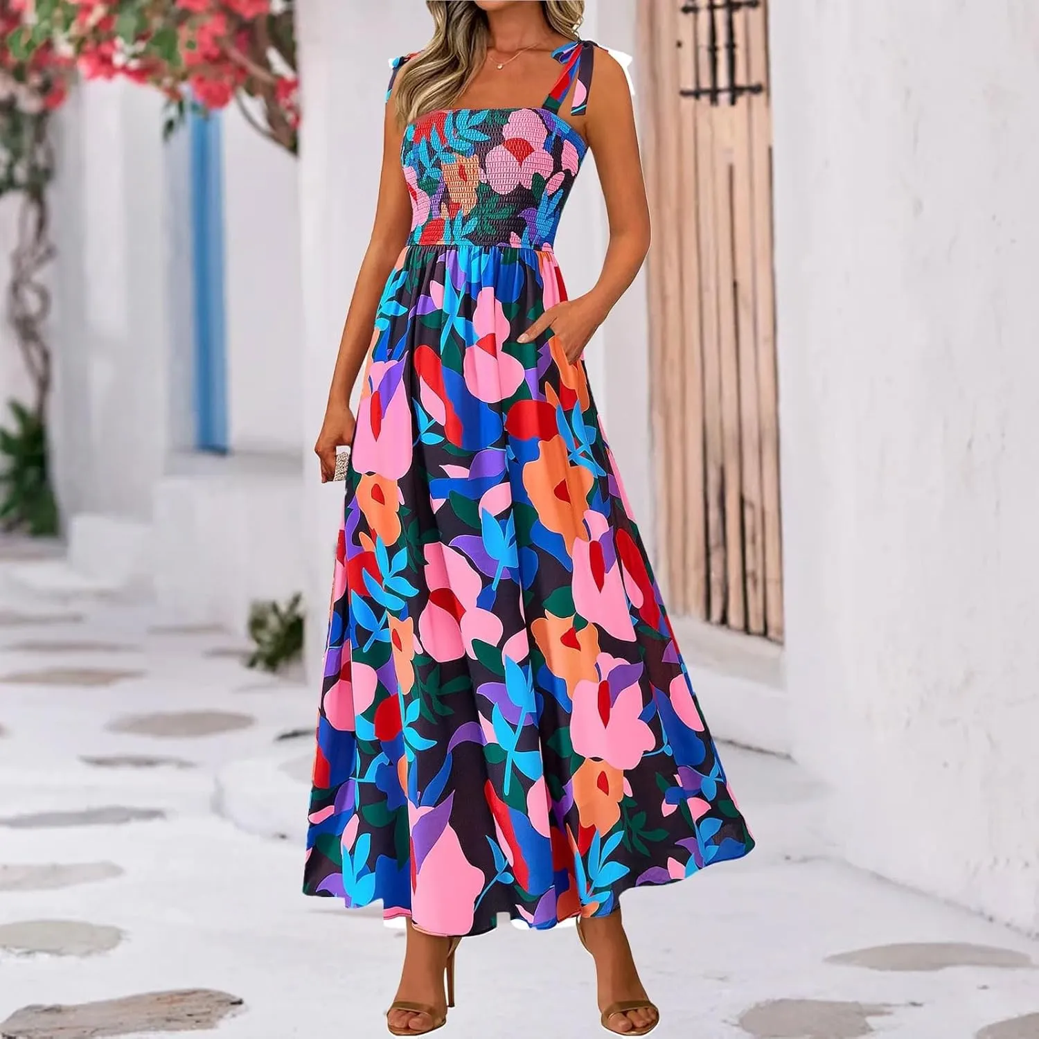 Summer Sun Dresses for Women 2025 Tie Shoulder Floral Maxi Dress A Line Ruffle Smocked Empire Waist Dress with Pocket