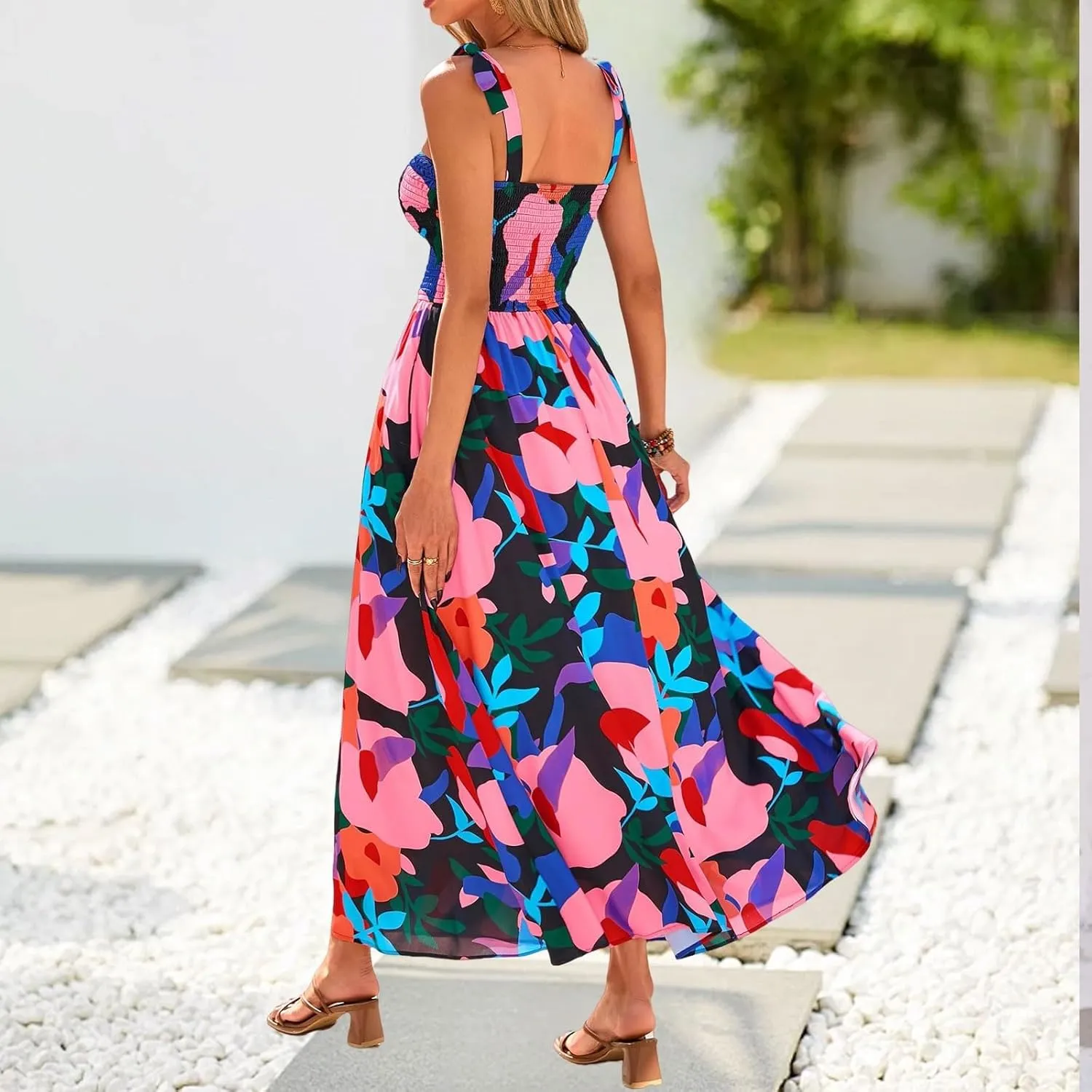 Summer Sun Dresses for Women 2025 Tie Shoulder Floral Maxi Dress A Line Ruffle Smocked Empire Waist Dress with Pocket