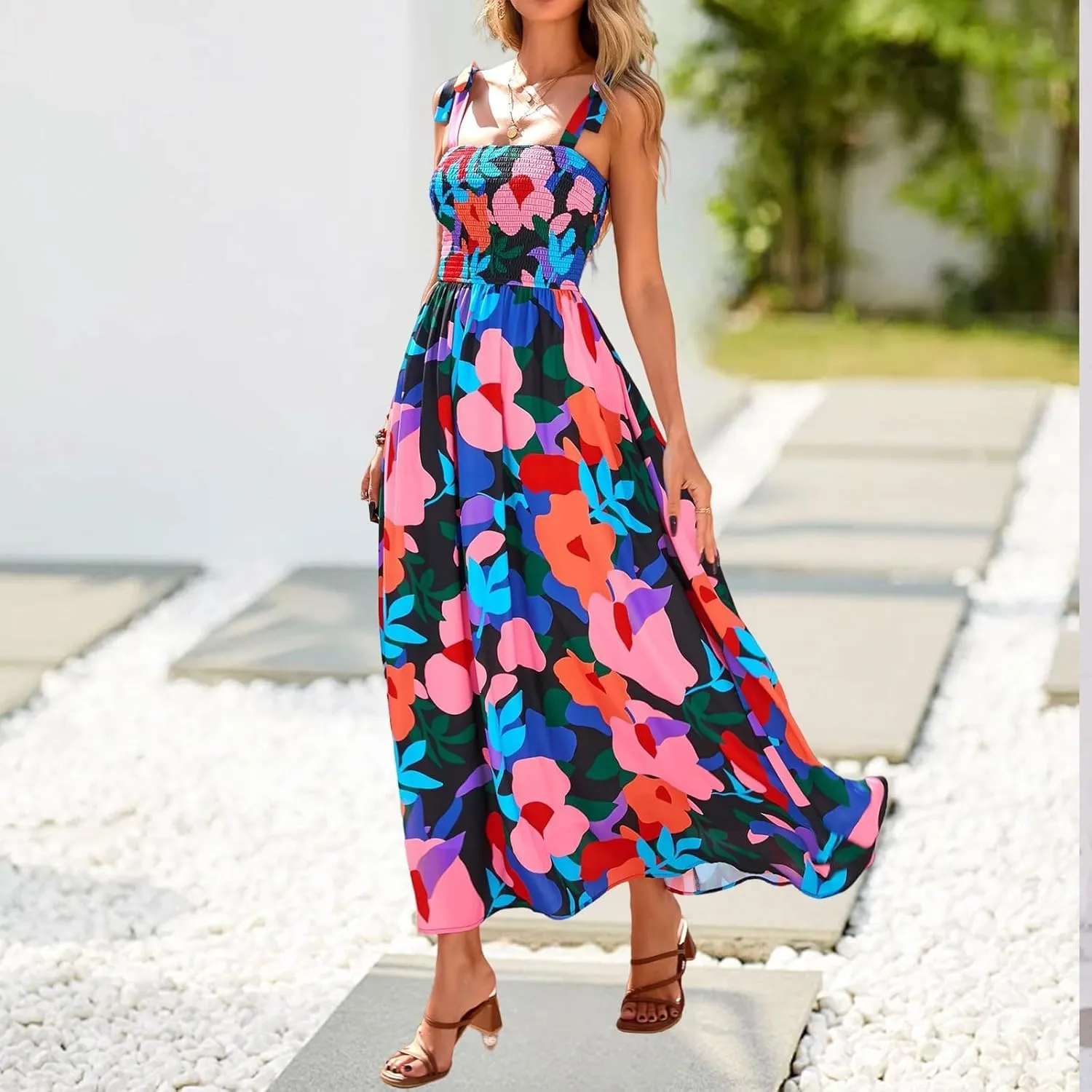 Summer Sun Dresses for Women 2025 Tie Shoulder Floral Maxi Dress A Line Ruffle Smocked Empire Waist Dress with Pocket