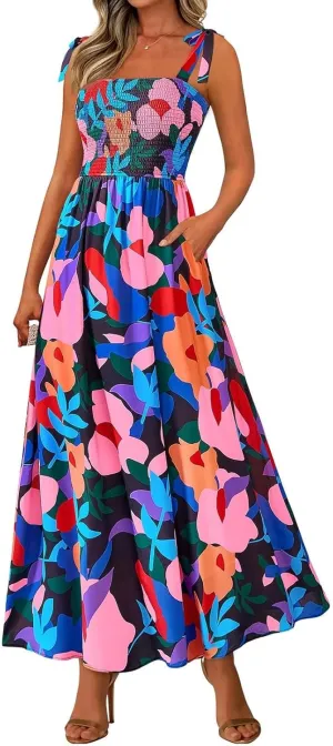 Summer Sun Dresses for Women 2025 Tie Shoulder Floral Maxi Dress A Line Ruffle Smocked Empire Waist Dress with Pocket