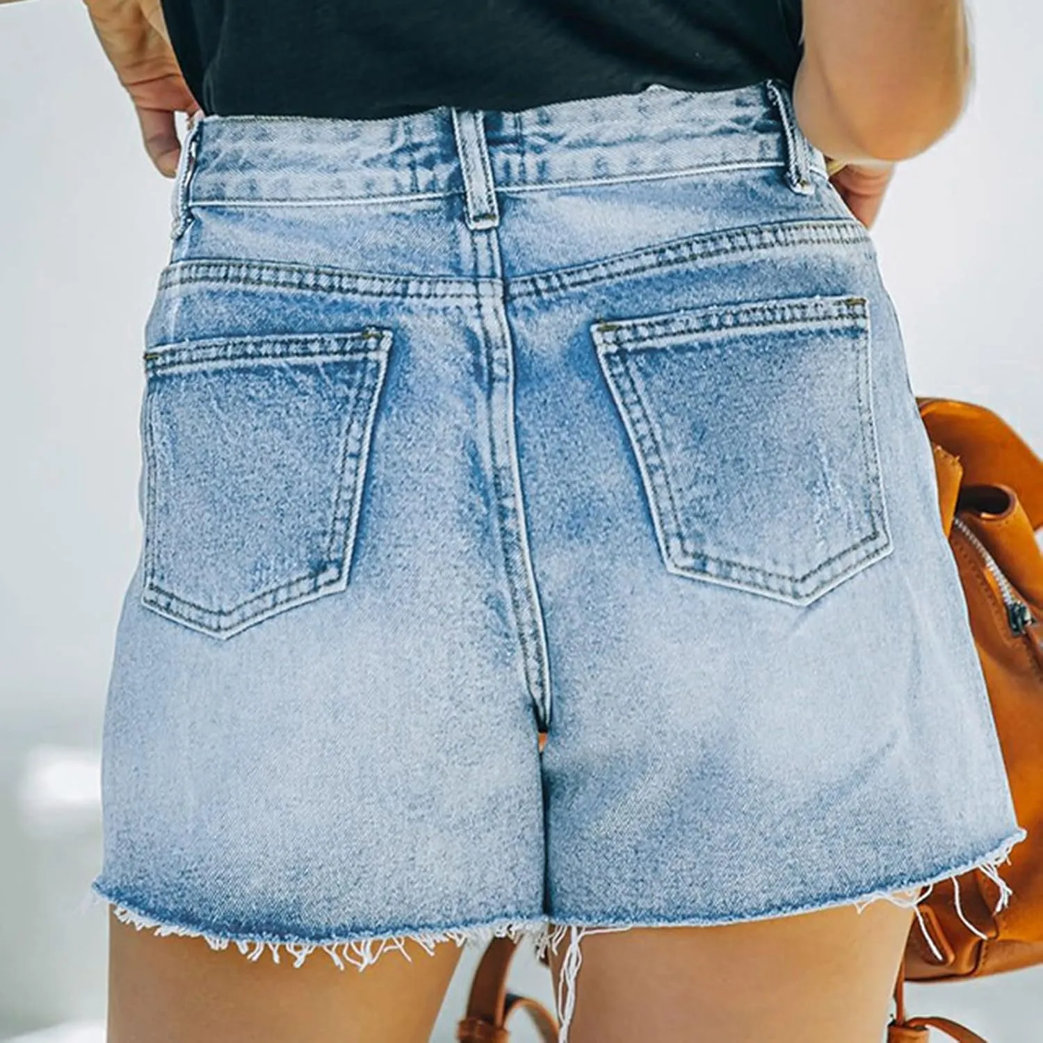 Summer Women High Waisted Jean Shorts Skinny Stretchy Denim Shorts Frayed Raw Hem Distressed Ripped Short Jeans