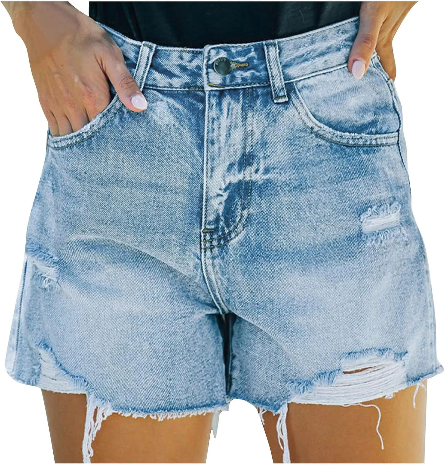 Summer Women High Waisted Jean Shorts Skinny Stretchy Denim Shorts Frayed Raw Hem Distressed Ripped Short Jeans