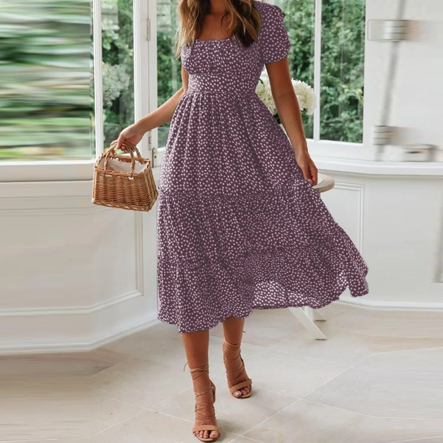 Sundress with Sleeves Square Neck A-Line Flowy Tiered Dresses Bump Friendly Dress Vacation Dresses for Women 2025