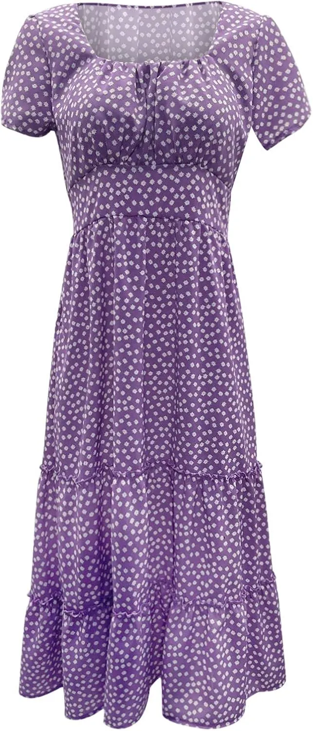 Sundress with Sleeves Square Neck A-Line Flowy Tiered Dresses Bump Friendly Dress Vacation Dresses for Women 2025