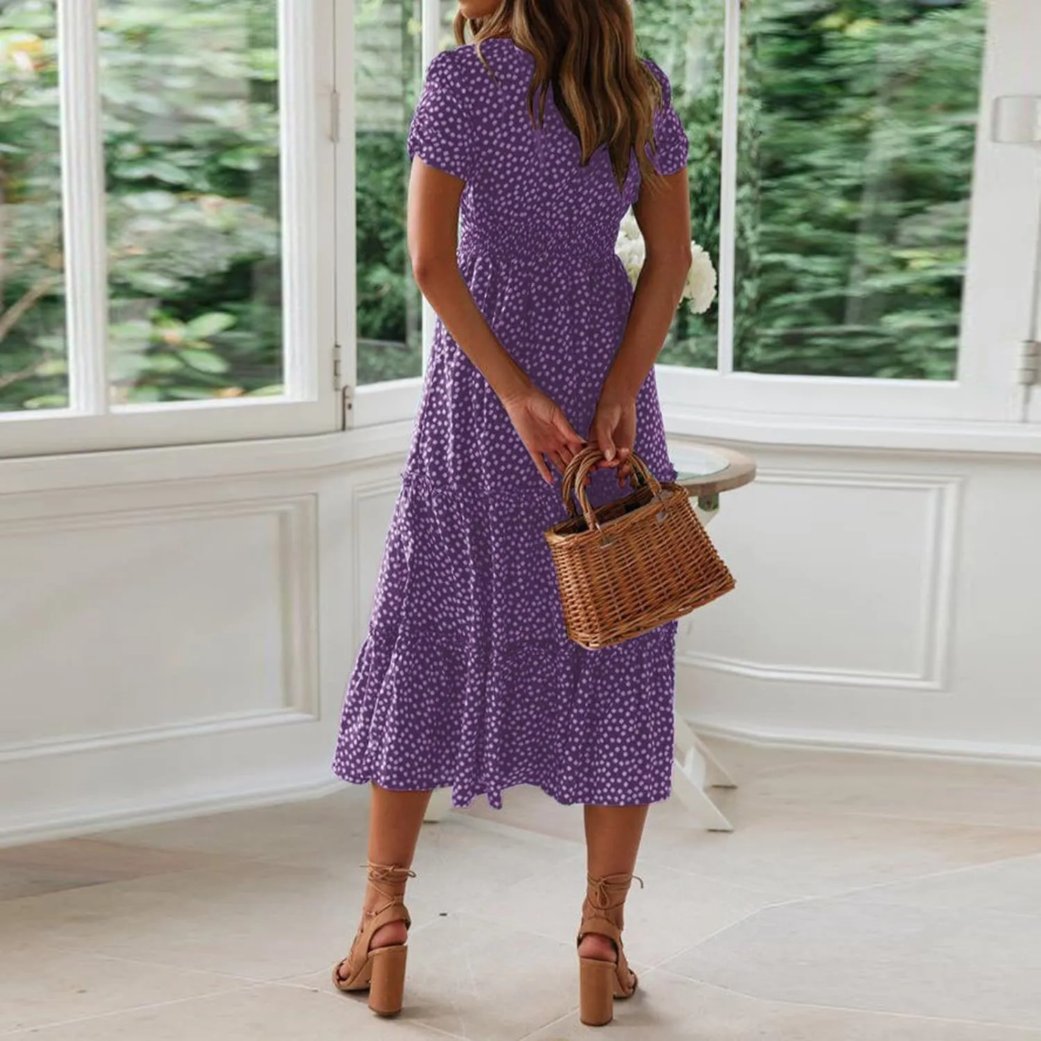 Sundress with Sleeves Square Neck A-Line Flowy Tiered Dresses Bump Friendly Dress Vacation Dresses for Women 2025