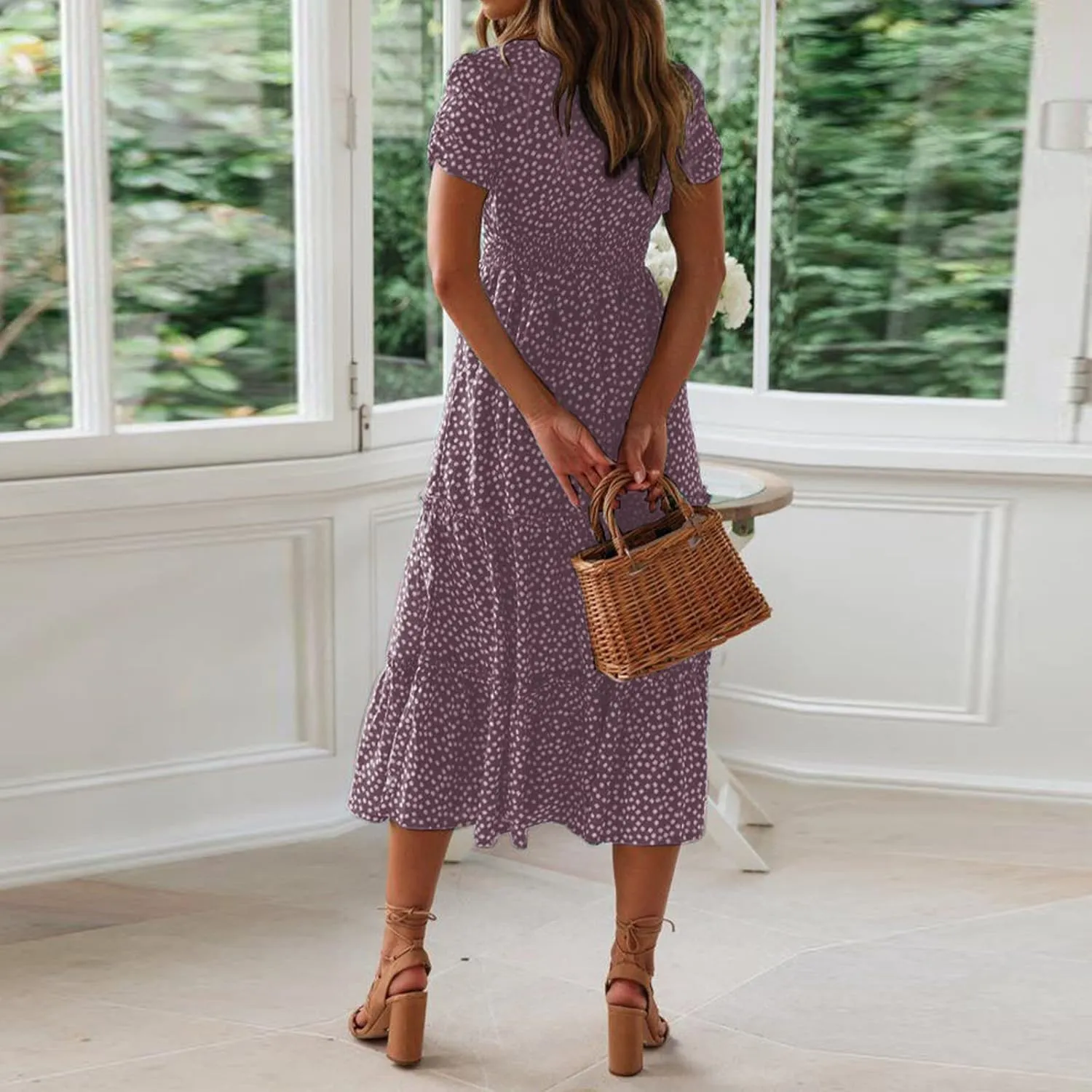 Sundress with Sleeves Square Neck A-Line Flowy Tiered Dresses Bump Friendly Dress Vacation Dresses for Women 2025