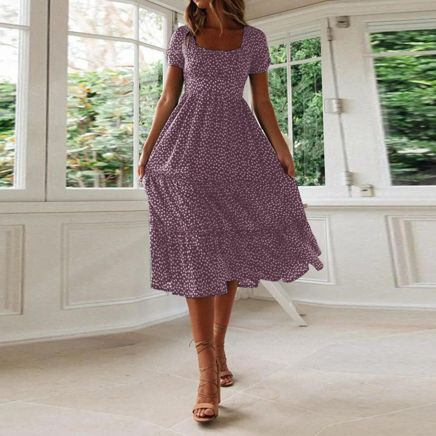 Sundress with Sleeves Square Neck A-Line Flowy Tiered Dresses Bump Friendly Dress Vacation Dresses for Women 2025
