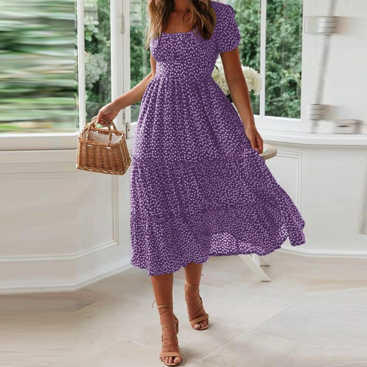 Sundress with Sleeves Square Neck A-Line Flowy Tiered Dresses Bump Friendly Dress Vacation Dresses for Women 2025