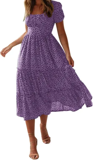 Sundress with Sleeves Square Neck A-Line Flowy Tiered Dresses Bump Friendly Dress Vacation Dresses for Women 2025