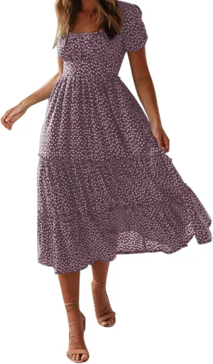 Sundress with Sleeves Square Neck A-Line Flowy Tiered Dresses Bump Friendly Dress Vacation Dresses for Women 2025