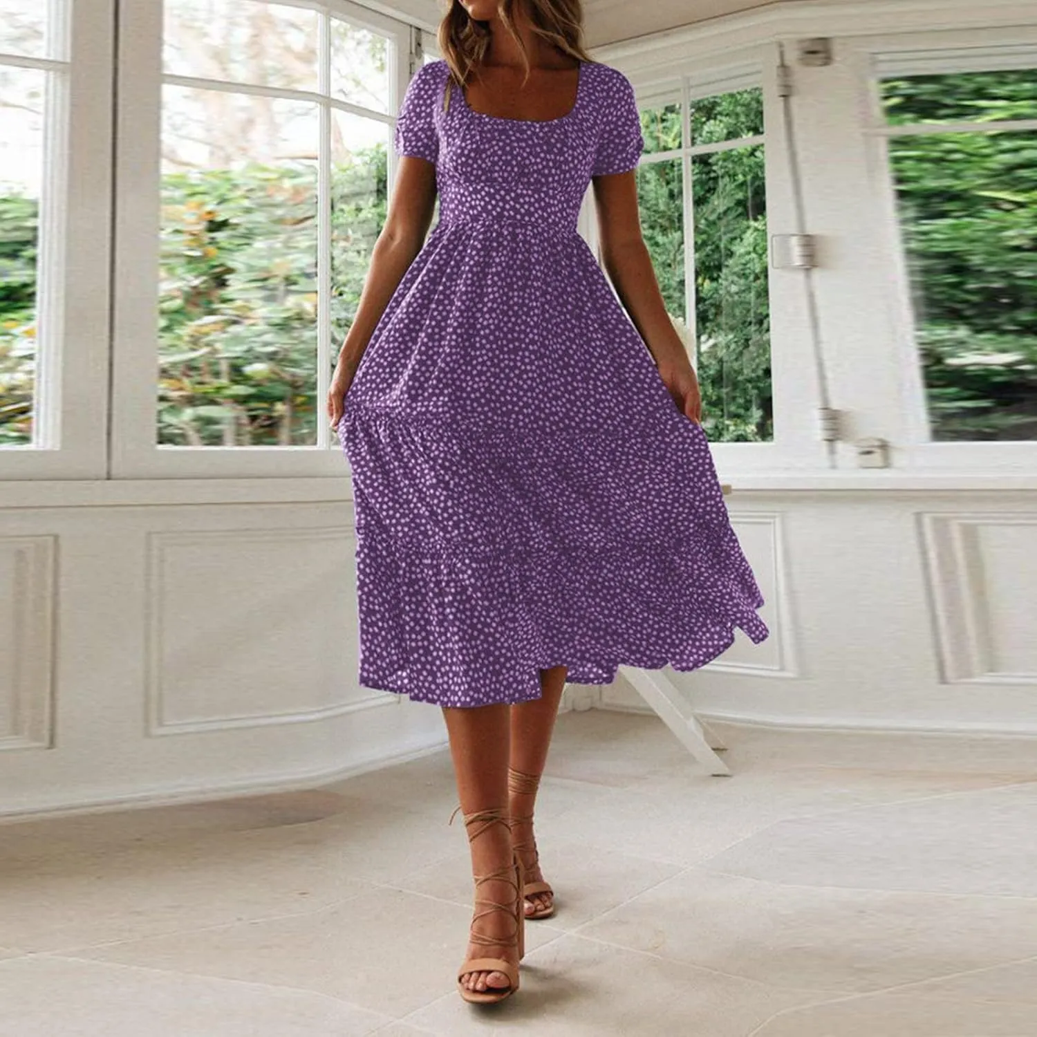 Sundress with Sleeves Square Neck A-Line Flowy Tiered Dresses Bump Friendly Dress Vacation Dresses for Women 2025