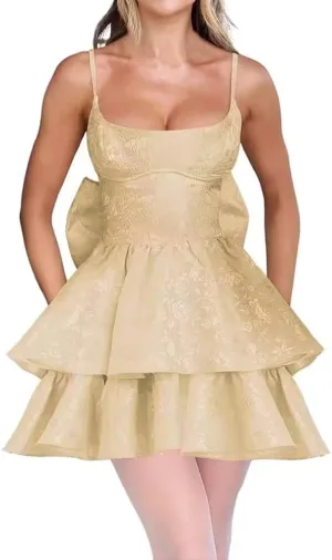 Tiered Jacquard Short Prom Dress with Bow Spaghetti Straps Floral Homecoming Dresses Mini Formal Cocktail Party Gowns