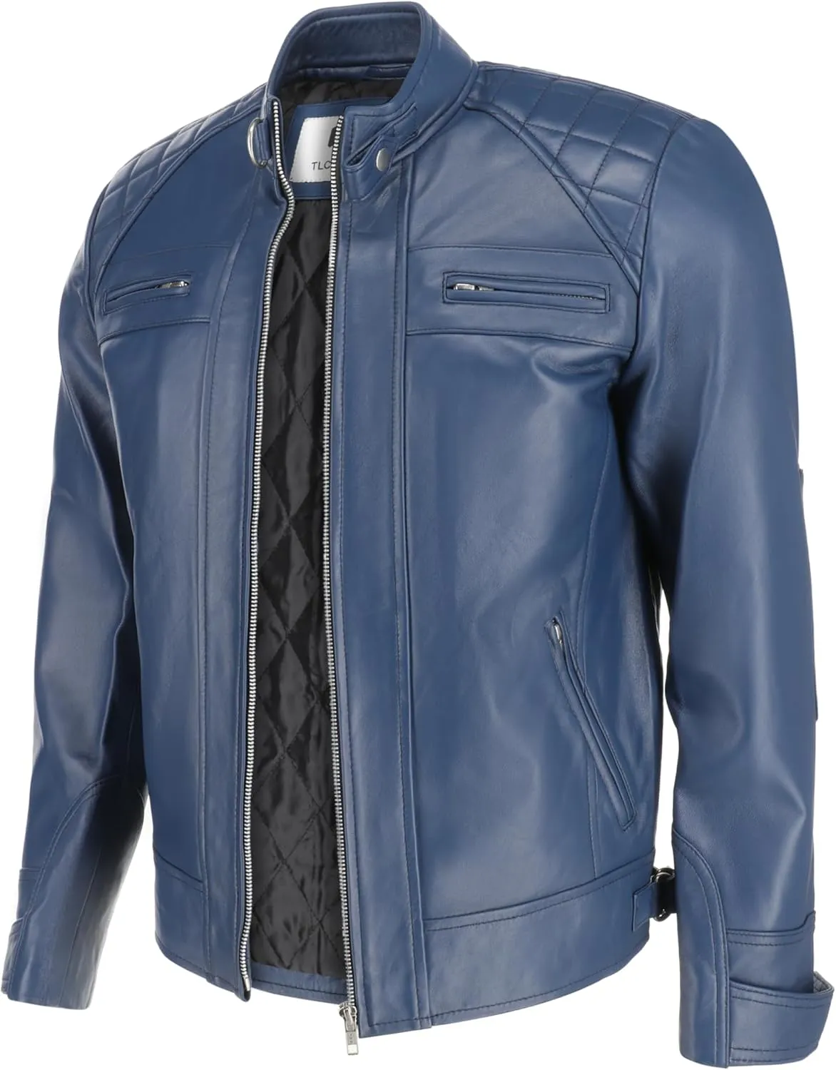 TLC Men's Genuine Leather Motorcycle Jacket - Lambskin Diamond Quilted Leather Jacket, Cafe Racer Leather Jacket