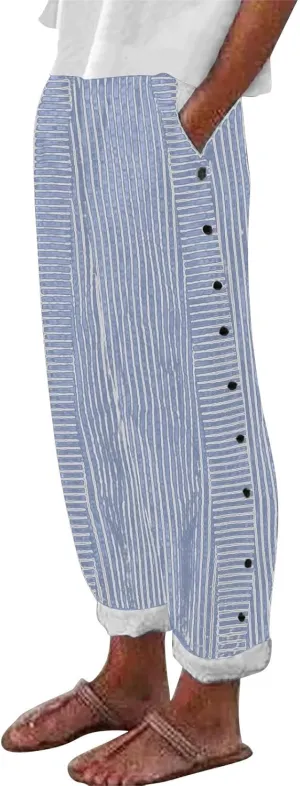 Today Deals Linen Pants Women Summer 2024 Striped Casual Elastic High Waist Straight Leg Loose Boho Trendy Trousers Cropped Trouser, X-Large, Women2-blue