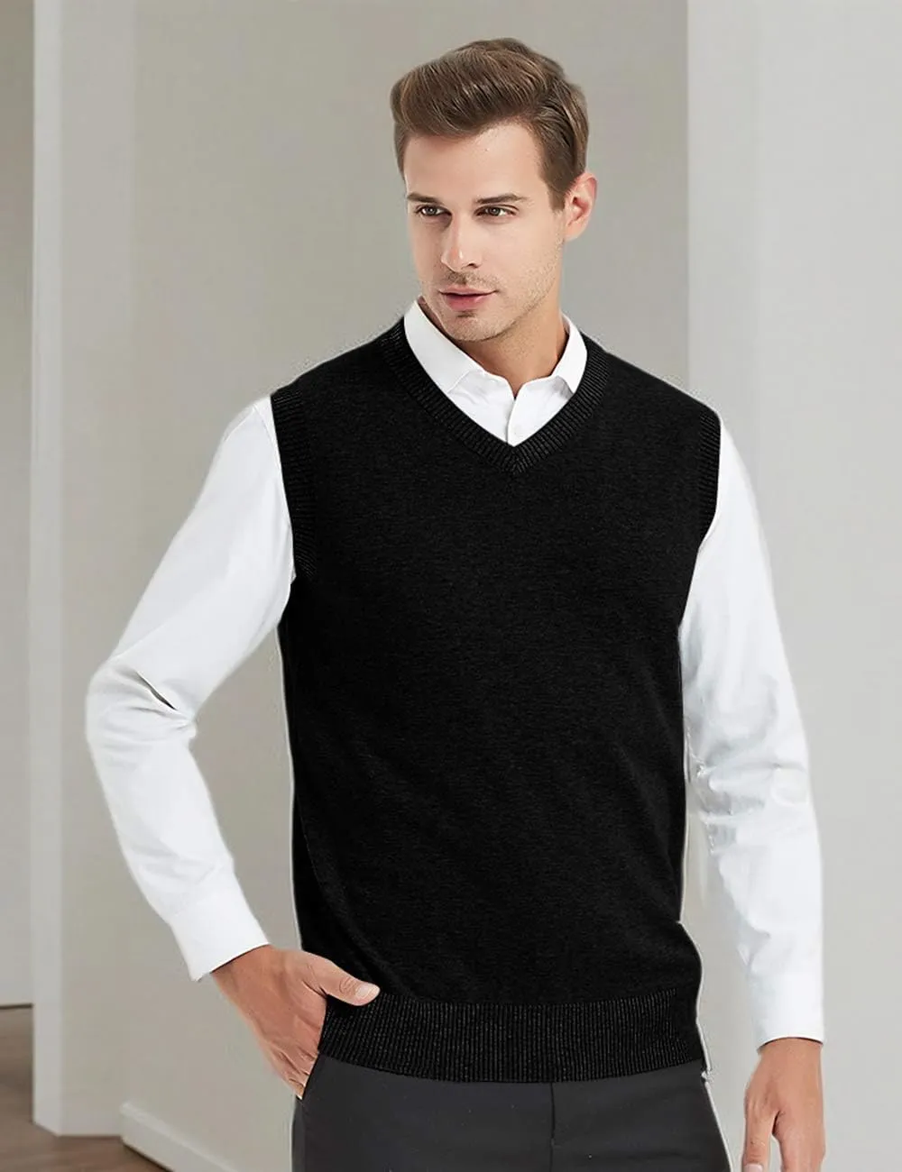 TopTie Men Business Solid Color Plain Sweater Vest, Cotton Fit Casual Pullover