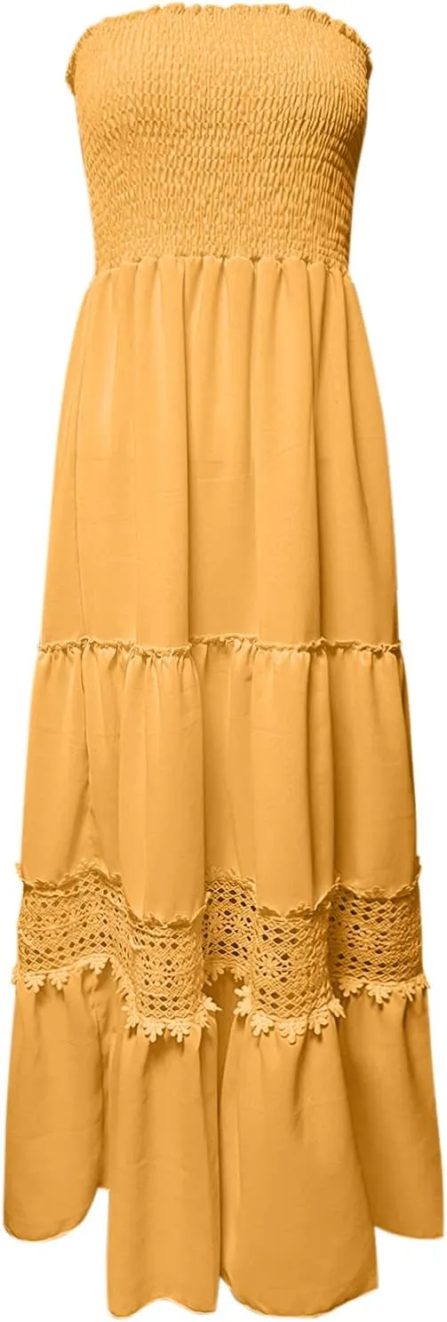 Tube Dresses For Women Maxi 2025 Summer Bohemian Strapless Sundress Off Shoulder Lace Trim Flowy A Line Beach Dress