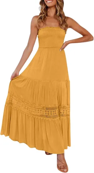 Tube Dresses For Women Maxi 2025 Summer Bohemian Strapless Sundress Off Shoulder Lace Trim Flowy A Line Beach Dress