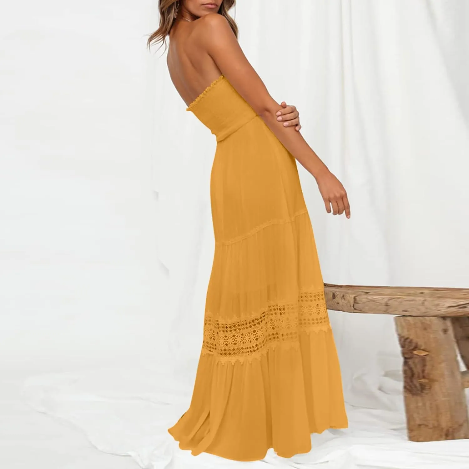 Tube Dresses For Women Maxi 2025 Summer Bohemian Strapless Sundress Off Shoulder Lace Trim Flowy A Line Beach Dress