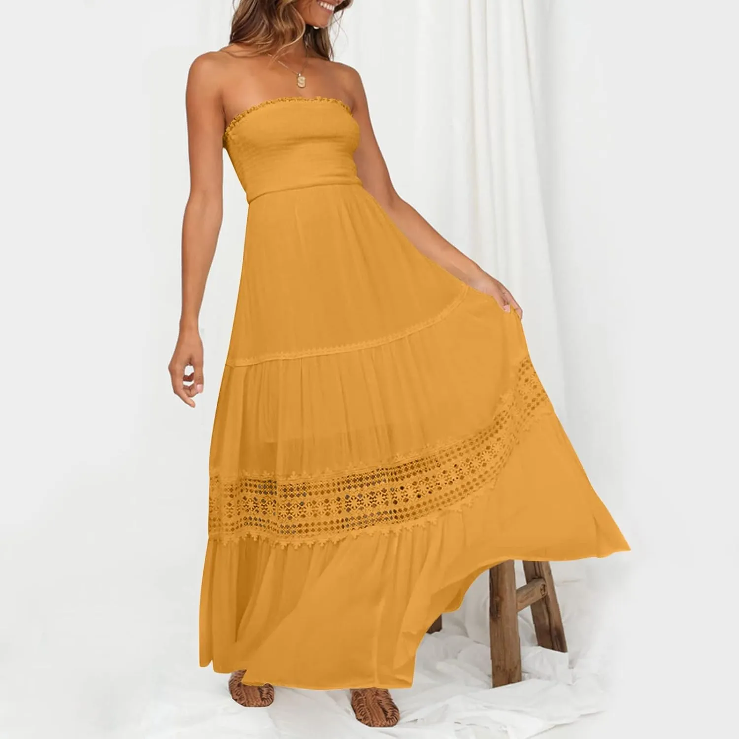 Tube Dresses For Women Maxi 2025 Summer Bohemian Strapless Sundress Off Shoulder Lace Trim Flowy A Line Beach Dress