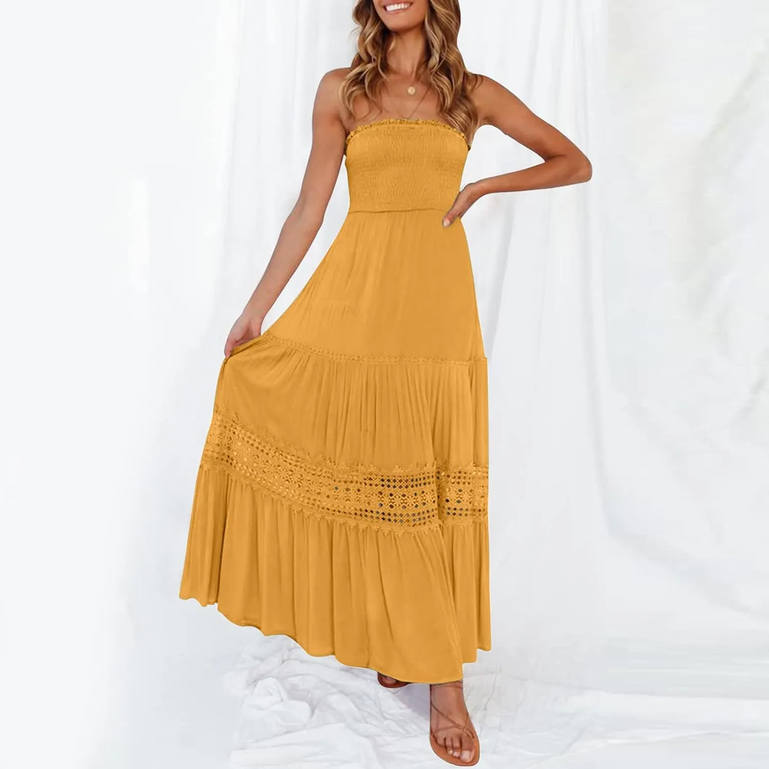 Tube Dresses For Women Maxi 2025 Summer Bohemian Strapless Sundress Off Shoulder Lace Trim Flowy A Line Beach Dress