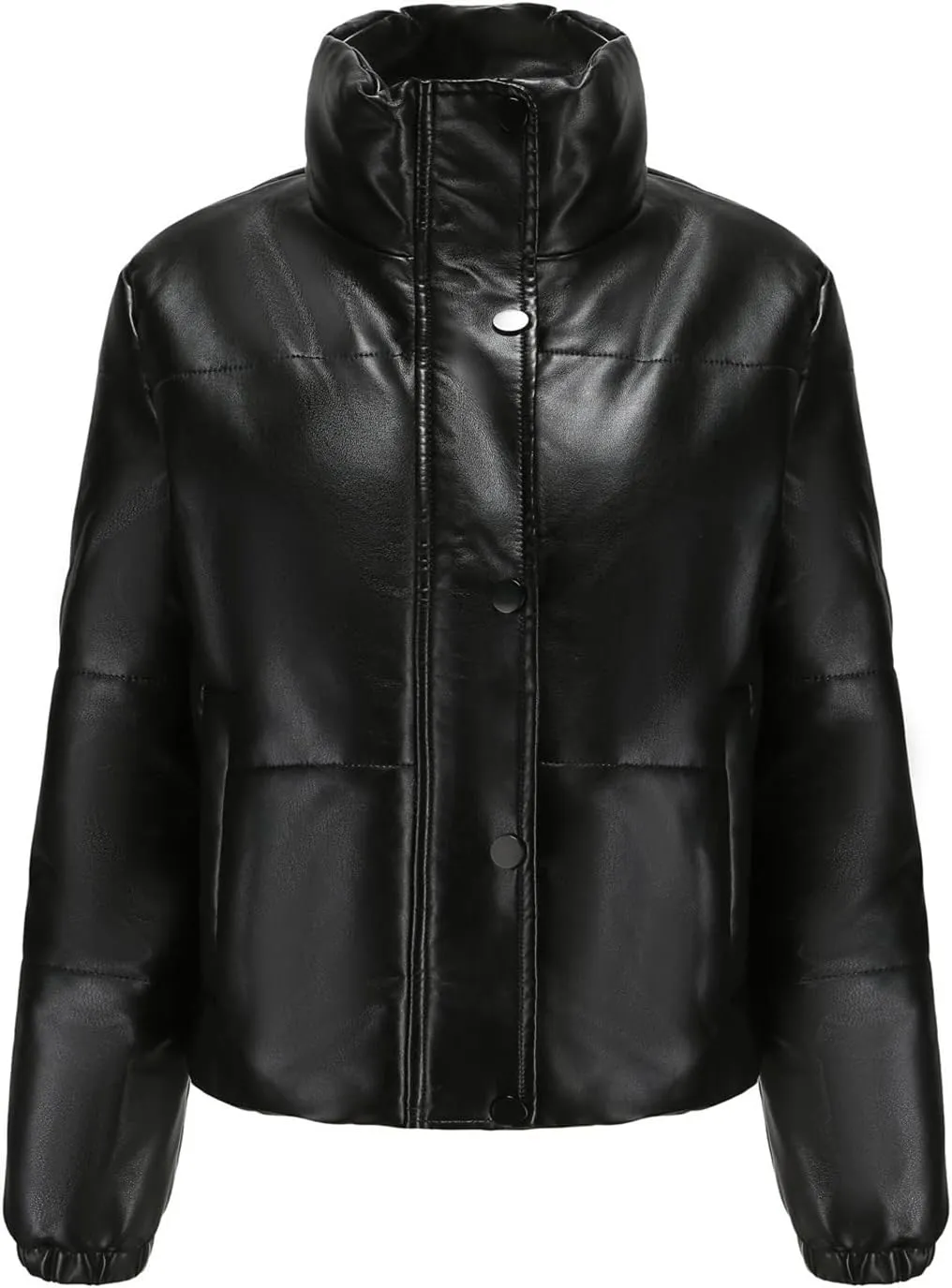 tuduoms Women Faux Leather Puffer Jacket Stand Collar Crop Short Winter Bubble Coat Waterproof Quilted Lightweight Parka Coat