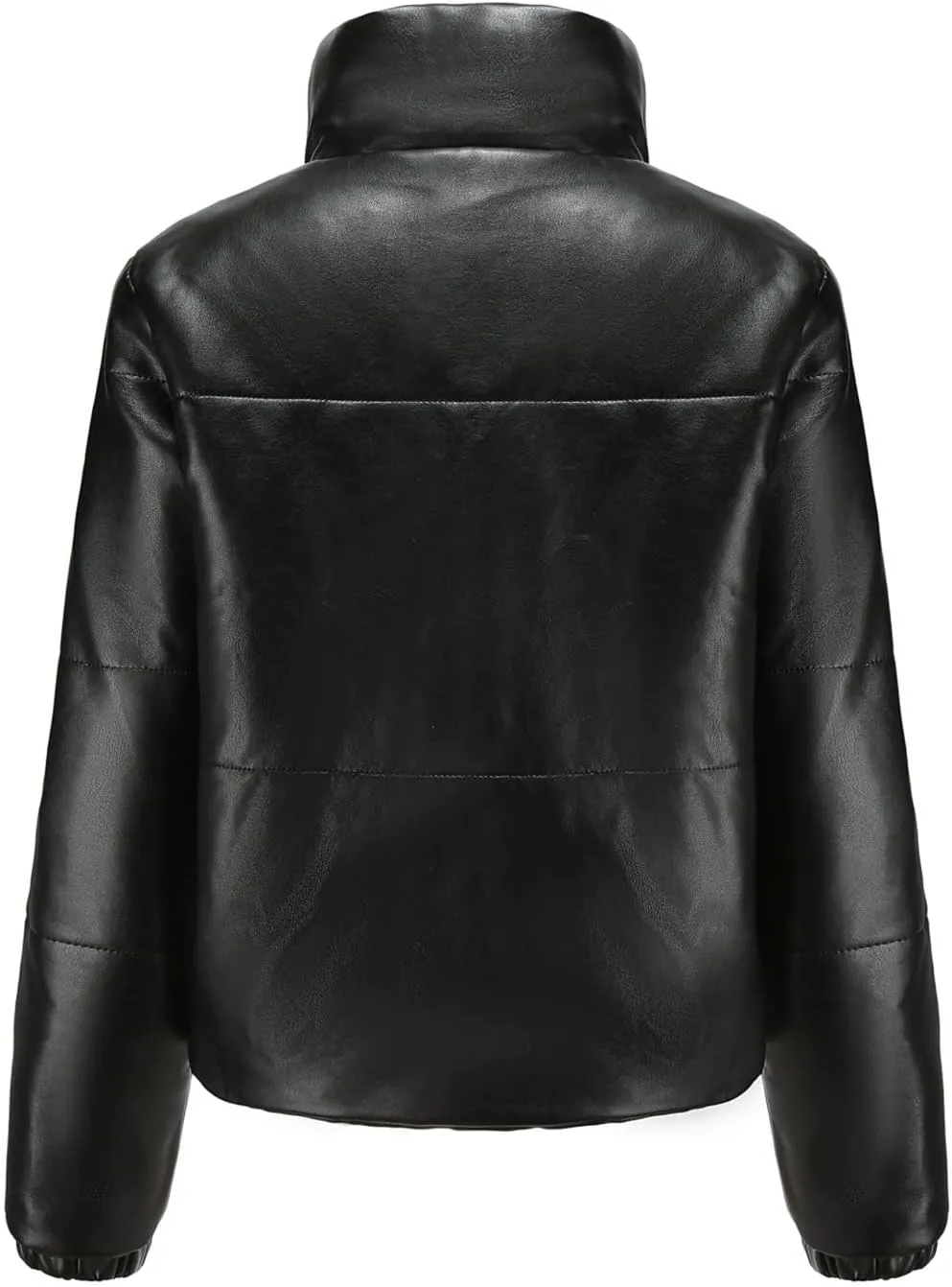 tuduoms Women Faux Leather Puffer Jacket Stand Collar Crop Short Winter Bubble Coat Waterproof Quilted Lightweight Parka Coat