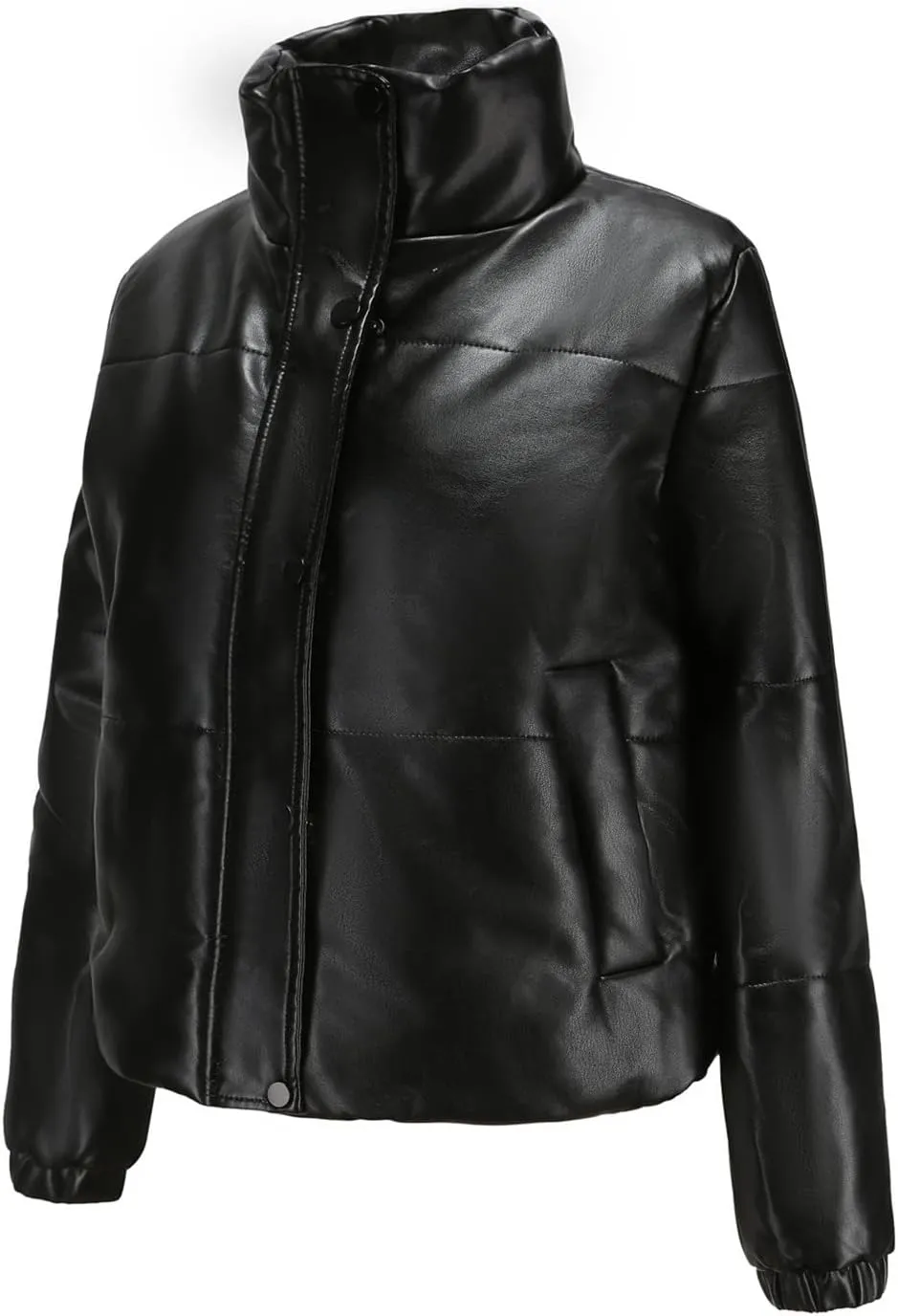 tuduoms Women Faux Leather Puffer Jacket Stand Collar Crop Short Winter Bubble Coat Waterproof Quilted Lightweight Parka Coat
