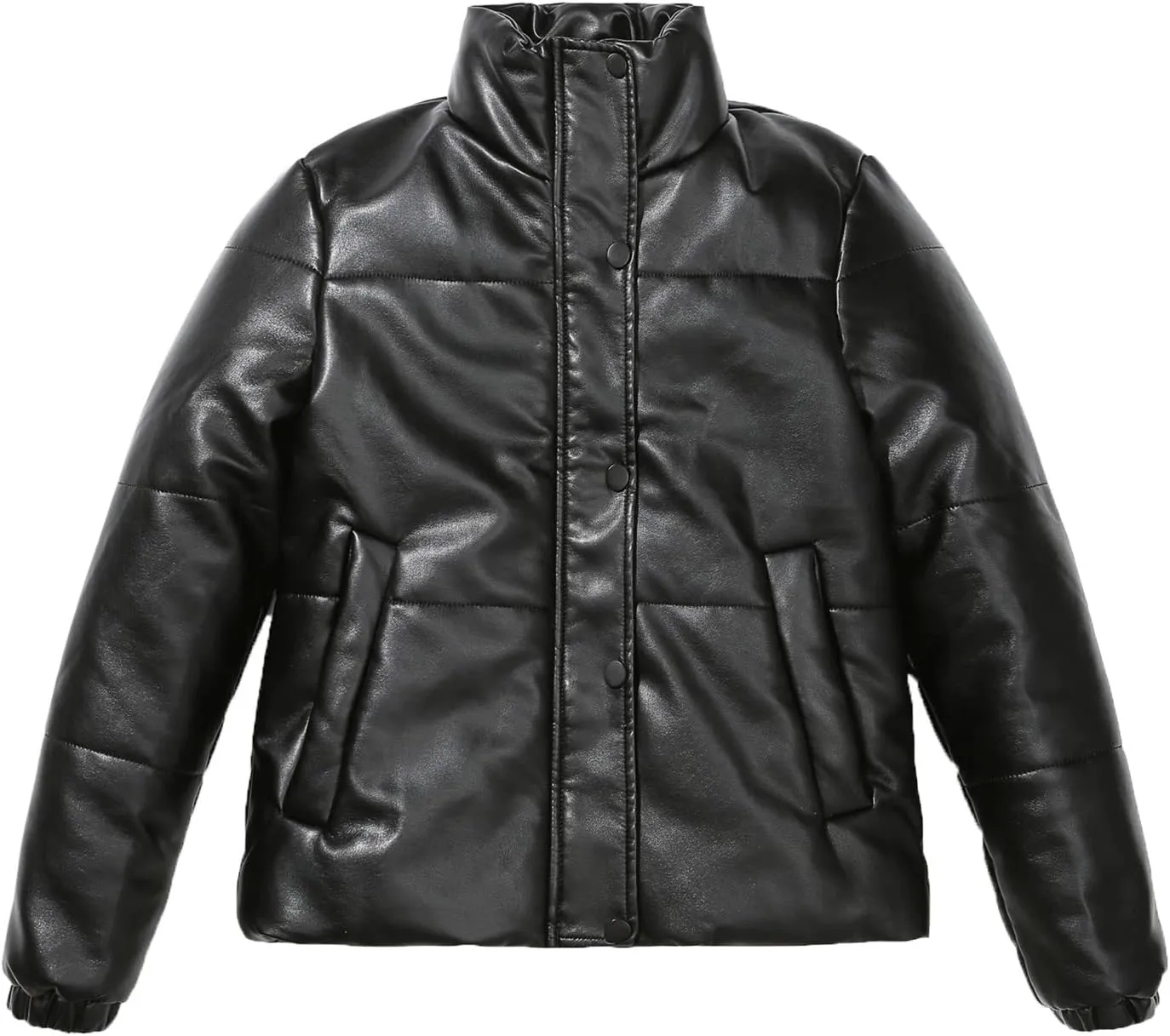 tuduoms Women Faux Leather Puffer Jacket Stand Collar Crop Short Winter Bubble Coat Waterproof Quilted Lightweight Parka Coat