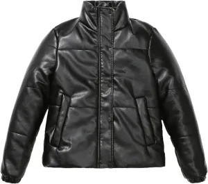 tuduoms Women Faux Leather Puffer Jacket Stand Collar Crop Short Winter Bubble Coat Waterproof Quilted Lightweight Parka Coat