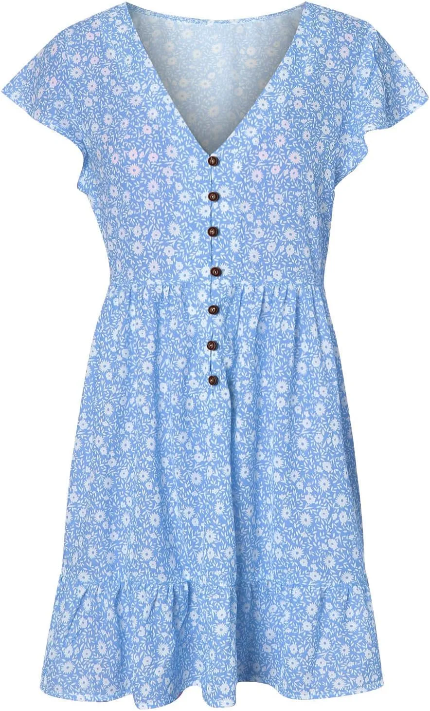 tuduoms Womens Boho V Neck Mini Dress Summer Cap Sleeve Ruffle Floral Dress Cute Sexy Empire Waist Beach Flowy Short Dress