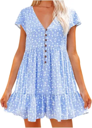 tuduoms Womens Boho V Neck Mini Dress Summer Cap Sleeve Ruffle Floral Dress Cute Sexy Empire Waist Beach Flowy Short Dress