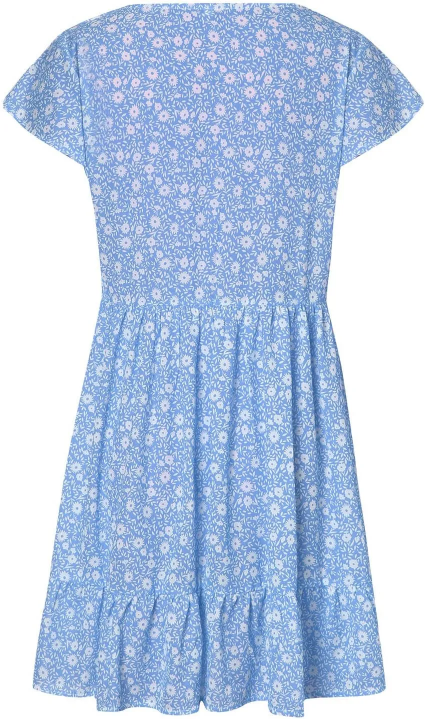 tuduoms Womens Boho V Neck Mini Dress Summer Cap Sleeve Ruffle Floral Dress Cute Sexy Empire Waist Beach Flowy Short Dress
