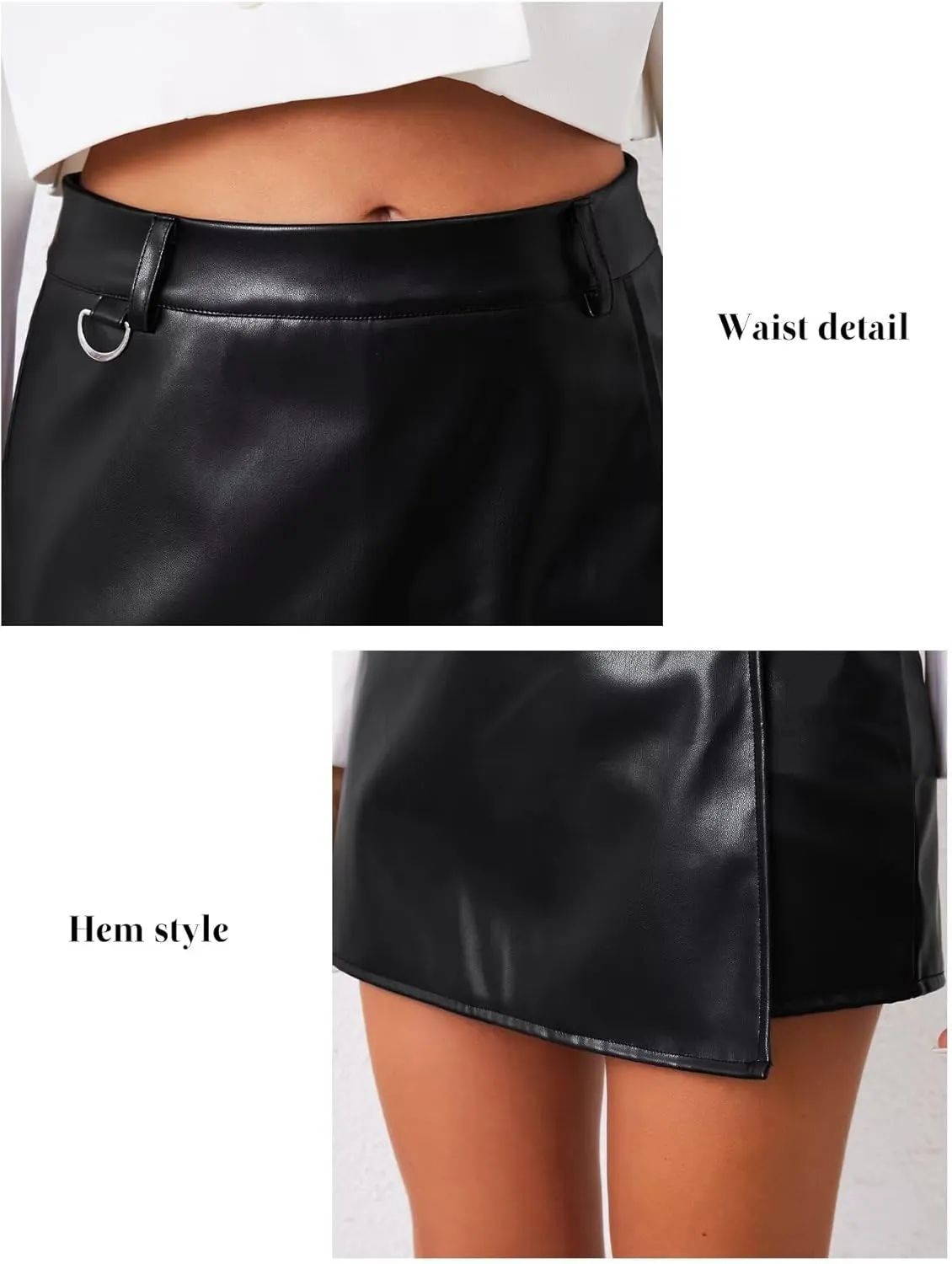 TZLDN Womens Faux Leather Skirt High Waisted Black Pleather Mini Skirt Short A-line Wrap Asymmetrical Pu Skorts Dressy Casual