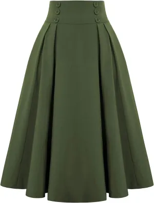Uillui Womens Gothic Pleated Skirt Vintage 50s Midi Skirt Below the Knee High Waist Button Front Party Casual Flared Skirt